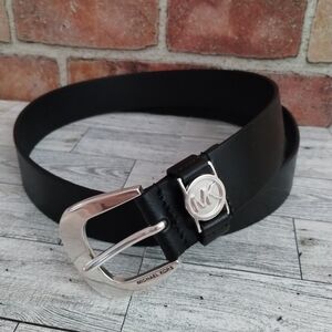 Michael Kors Black Leather Belt with Silver Buckle And Monogram